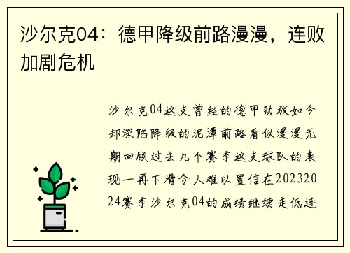 沙尔克04：德甲降级前路漫漫，连败加剧危机