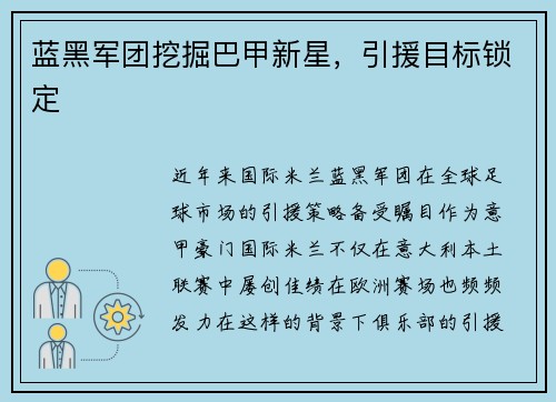 蓝黑军团挖掘巴甲新星,引援目标锁定