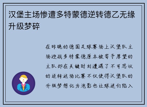 汉堡主场惨遭多特蒙德逆转德乙无缘升级梦碎