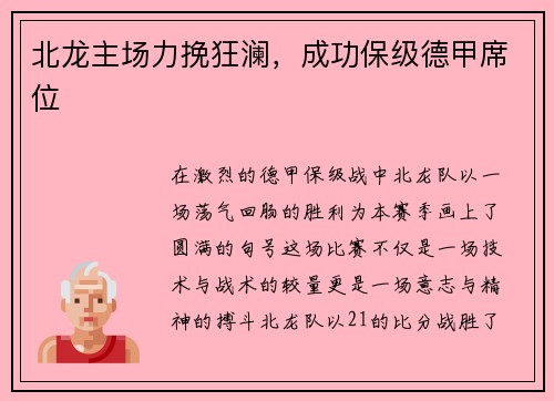 北龙主场力挽狂澜,成功保级德甲席位